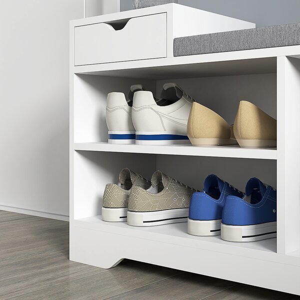 HOMCOM Entryway Shoe Storage Bench with Drawer & 3 Open Shelves, Upholstered Hallway Bench for Shoes, White Aosom UK
