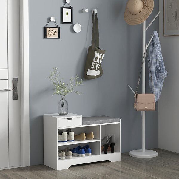 HOMCOM Entryway Shoe Storage Bench with Drawer & 3 Open Shelves, Upholstered Hallway Bench for Shoes, White Aosom UK