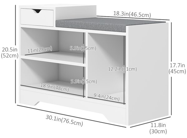 HOMCOM Entryway Shoe Storage Bench with Drawer & 3 Open Shelves, Upholstered Hallway Bench for Shoes, White Aosom UK