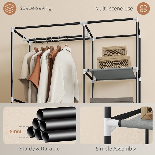 HOMCOM Fabric Wardrobe, Portable Wardrobe with 6 Shelves, 1 Hanging Rail, Foldable Closets, 103 x 43 x 162.5 cm, Light Grey Aosom UK