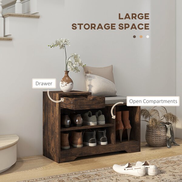 HOMCOM Multi-Compartment Shoe Bench, Upholstered Shoe Storage Bench with Drawer & 3 Open Shelves for Hallway, Rustic Brown Aosom UK