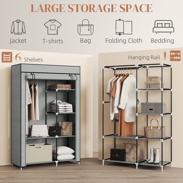 HOMCOM Fabric Wardrobe, Portable Wardrobe with 6 Shelves, 1 Hanging Rail, Foldable Closets, 103 x 43 x 162.5 cm, Light Grey Aosom UK