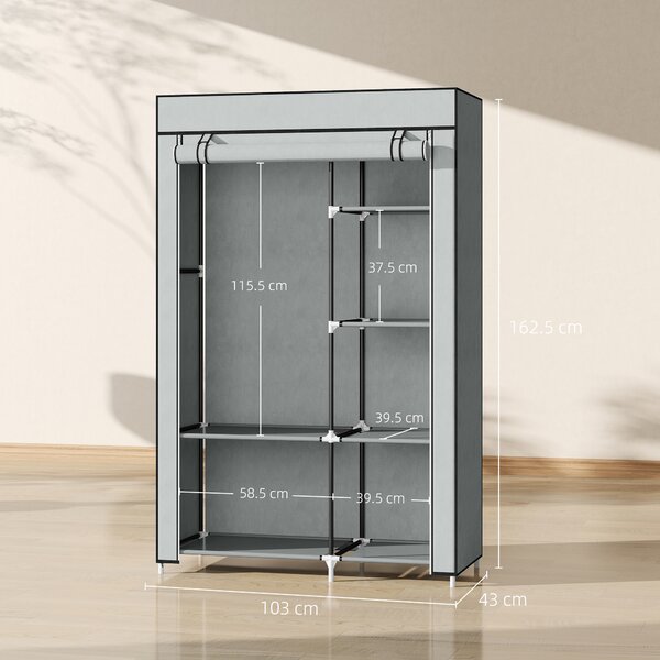 HOMCOM Fabric Wardrobe, Portable Wardrobe with 6 Shelves, 1 Hanging Rail, Foldable Closets, 103 x 43 x 162.5 cm, Light Grey Aosom UK