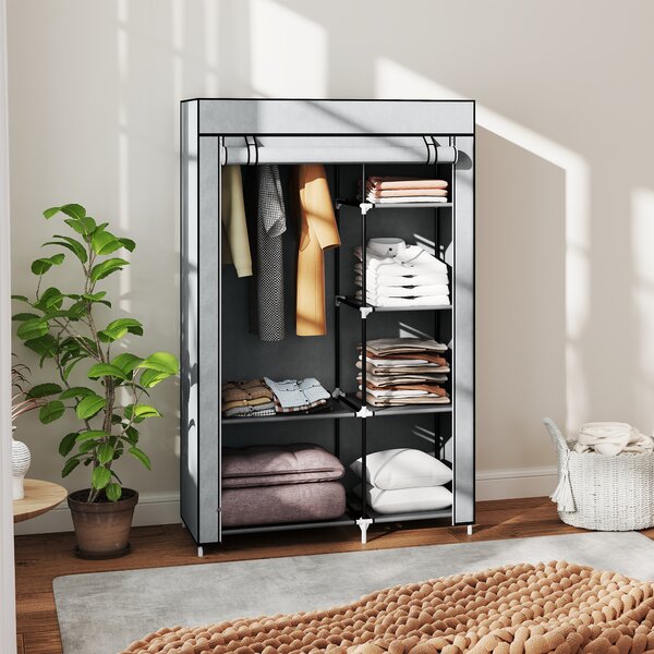HOMCOM Fabric Wardrobe, Portable Wardrobe with 6 Shelves, 1 Hanging Rail, Foldable Closets, 103 x 43 x 162.5 cm, Light Grey Aosom UK