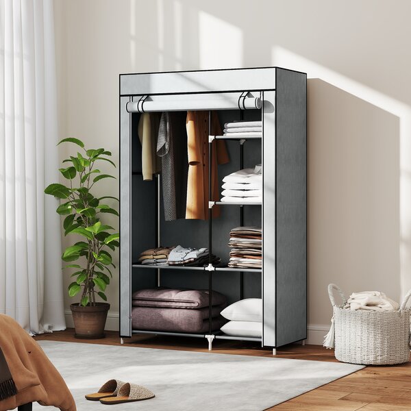 HOMCOM Fabric Wardrobe, Portable Wardrobe with 6 Shelves, 1 Hanging Rail, Foldable Closets, 103 x 43 x 162.5 cm, Light Grey Aosom UK