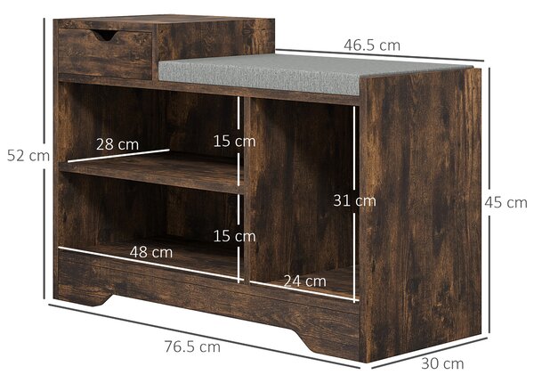 HOMCOM Multi-Compartment Shoe Bench, Upholstered Shoe Storage Bench with Drawer & 3 Open Shelves for Hallway, Rustic Brown Aosom UK