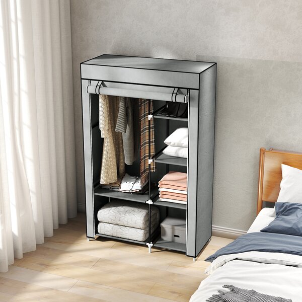 HOMCOM Fabric Wardrobe, Portable Wardrobe with 6 Shelves, 1 Hanging Rail, Foldable Closets, 103 x 43 x 162.5 cm, Light Grey Aosom UK
