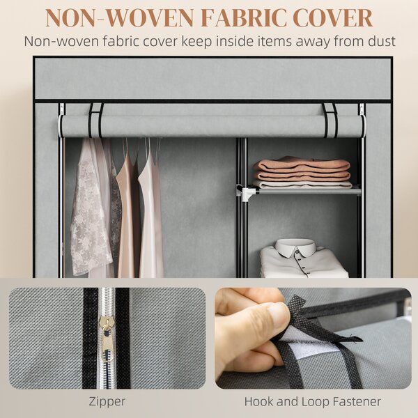 HOMCOM Fabric Wardrobe, Portable Wardrobe with 6 Shelves, 1 Hanging Rail, Foldable Closets, 103 x 43 x 162.5 cm, Light Grey Aosom UK