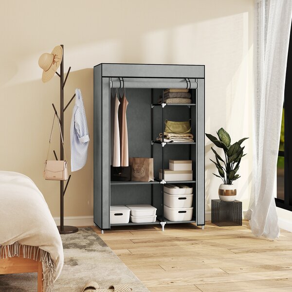 HOMCOM Fabric Wardrobe, Portable Wardrobe with 6 Shelves, 1 Hanging Rail, Foldable Closets, 103 x 43 x 162.5 cm, Light Grey Aosom UK