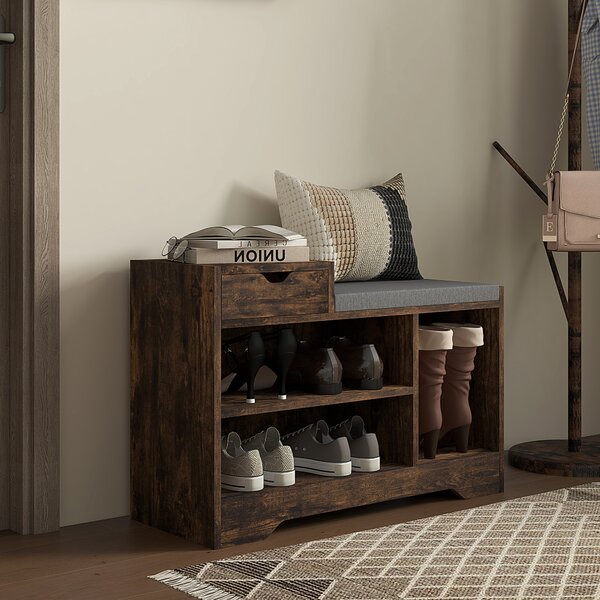 HOMCOM Multi-Compartment Shoe Bench, Upholstered Shoe Storage Bench with Drawer & 3 Open Shelves for Hallway, Rustic Brown Aosom UK