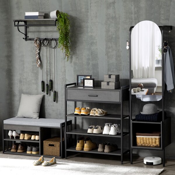 HOMCOM Shoe Storage Bench, Upholstered Entryway Bench with 3 Open Shelves, Grey, Ideal for Hallway Aosom UK