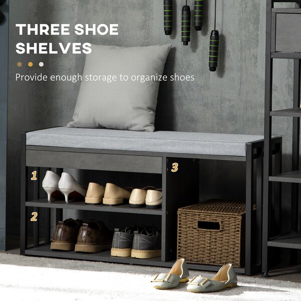 HOMCOM Shoe Storage Bench, Upholstered Entryway Bench with 3 Open Shelves, Grey, Ideal for Hallway Aosom UK