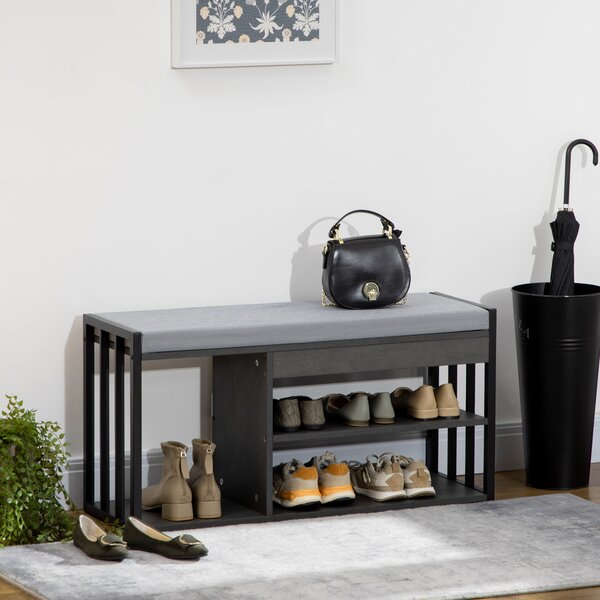 HOMCOM Shoe Storage Bench, Upholstered Entryway Bench with 3 Open Shelves, Grey, Ideal for Hallway Aosom UK