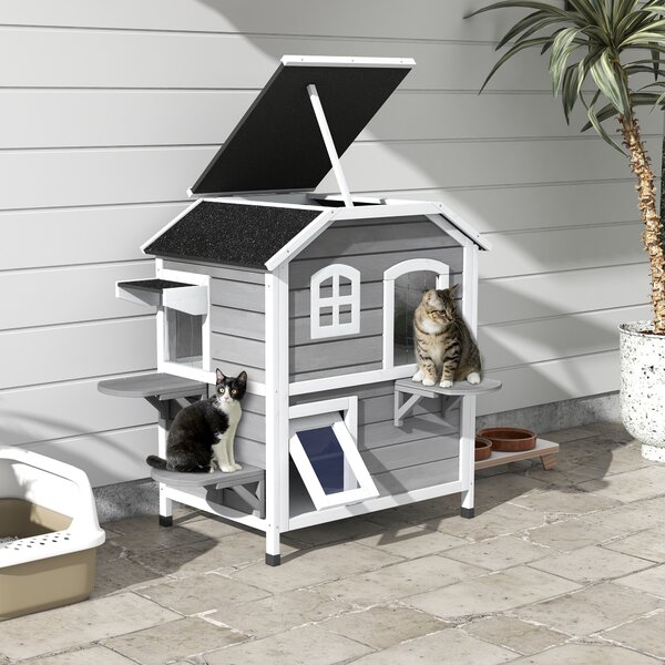 PawHut Solid Wood Cat Condos Pet House Water Proof Outdoor 2-Floor Villa, Grey Aosom UK