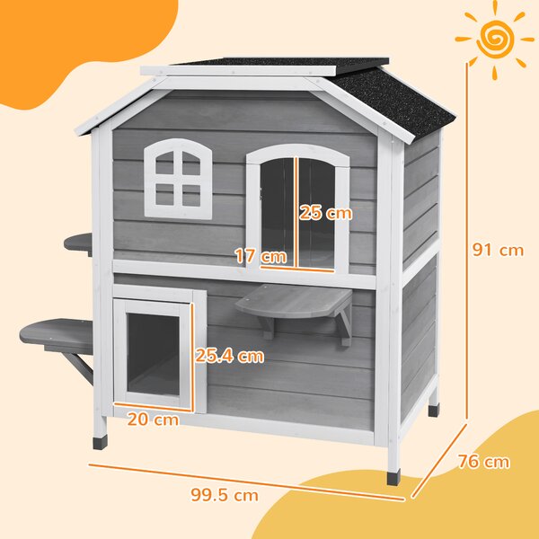 PawHut Solid Wood Cat Condos Pet House Water Proof Outdoor 2-Floor Villa, Grey Aosom UK