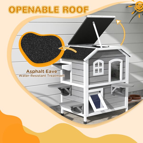 PawHut Solid Wood Cat Condos Pet House Water Proof Outdoor 2-Floor Villa, Grey Aosom UK