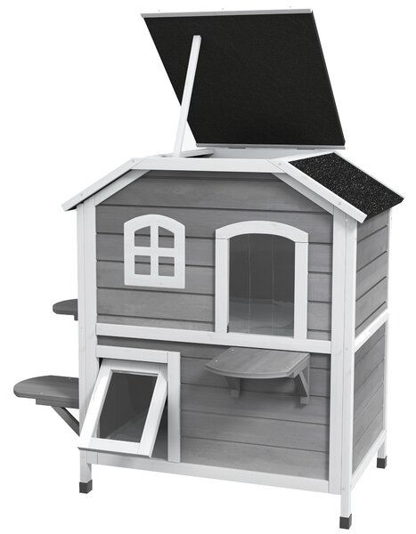 PawHut Solid Wood Cat Condos Pet House Water Proof Outdoor 2-Floor Villa, Grey Aosom UK