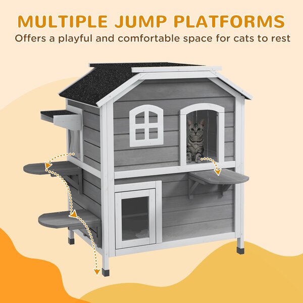 PawHut Solid Wood Cat Condos Pet House Water Proof Outdoor 2-Floor Villa, Grey Aosom UK