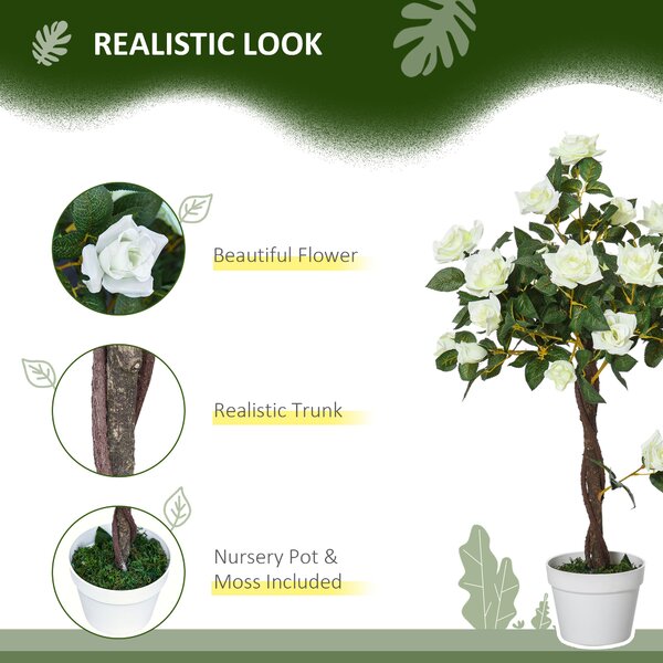 Outsunny Set of 2 Artificial Plants White Rose Floral in Pot, Fake Plants for Home Indoor Outdoor Decor, 90cm Aosom UK