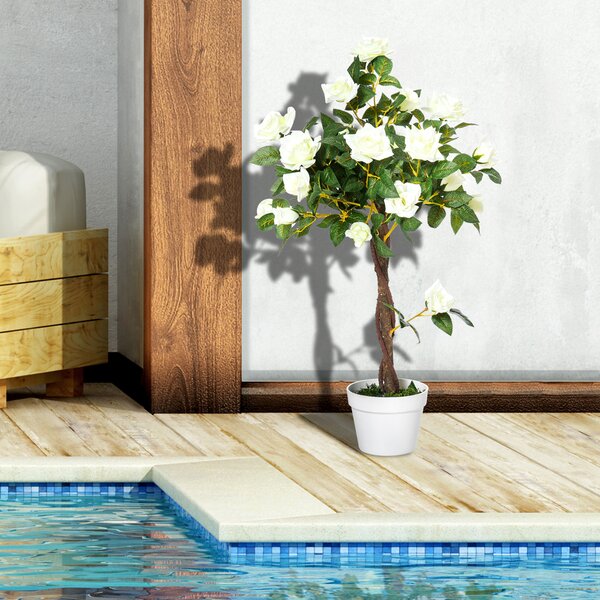 Outsunny Set of 2 Artificial Plants White Rose Floral in Pot, Fake Plants for Home Indoor Outdoor Decor, 90cm Aosom UK