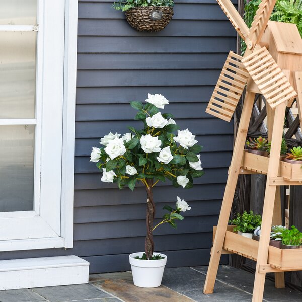 Outsunny Set of 2 Artificial Plants White Rose Floral in Pot, Fake Plants for Home Indoor Outdoor Decor, 90cm Aosom UK