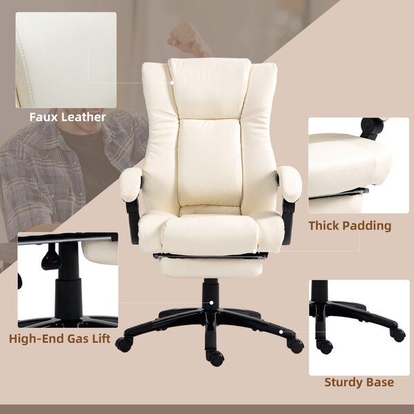 Vinsetto Leather Swivel Chair: Adjustable Office Seating with Footrest & Wheels, Cream White Aosom UK