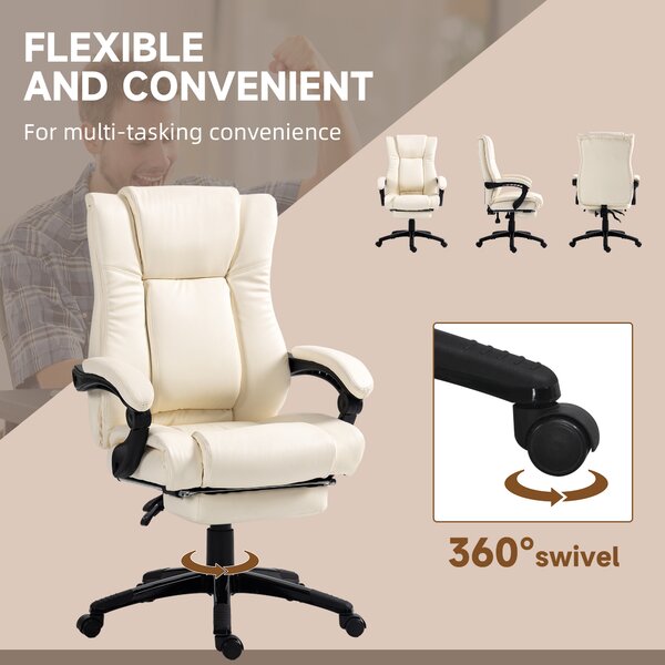 Vinsetto Leather Swivel Chair: Adjustable Office Seating with Footrest & Wheels, Cream White Aosom UK