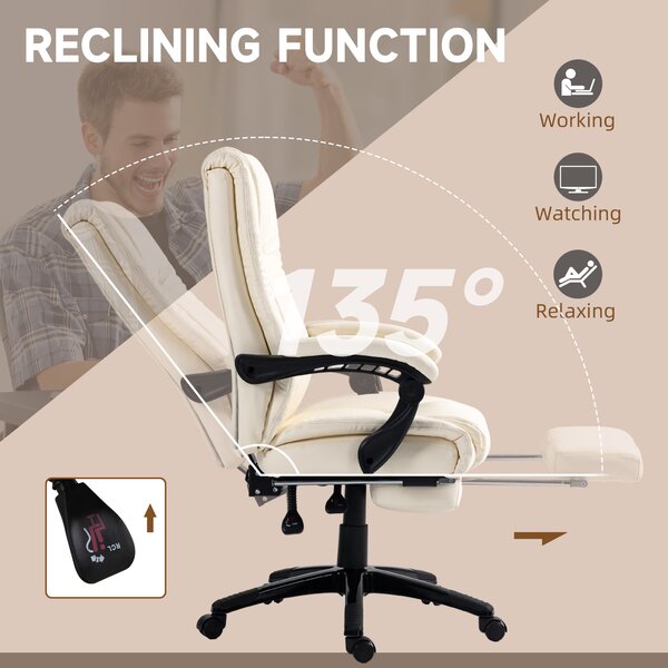 Vinsetto Leather Swivel Chair: Adjustable Office Seating with Footrest & Wheels, Cream White Aosom UK