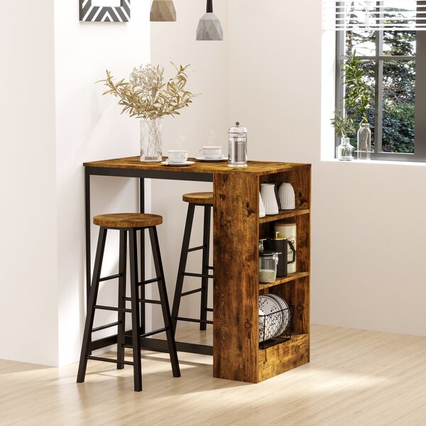 HOMCOM Industrial Bar Table and Stools for 2 people, 3-Pieces Bar Table Set with Storage Shelf for Kitchen, Brown Aosom UK