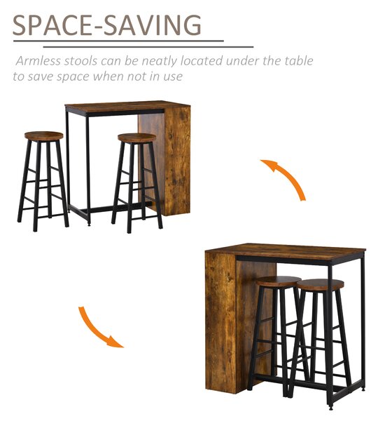 HOMCOM Industrial Bar Table and Stools for 2 people, 3-Pieces Bar Table Set with Storage Shelf for Kitchen, Brown Aosom UK