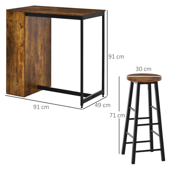 HOMCOM Industrial Bar Table and Stools for 2 people, 3-Pieces Bar Table Set with Storage Shelf for Kitchen, Brown Aosom UK