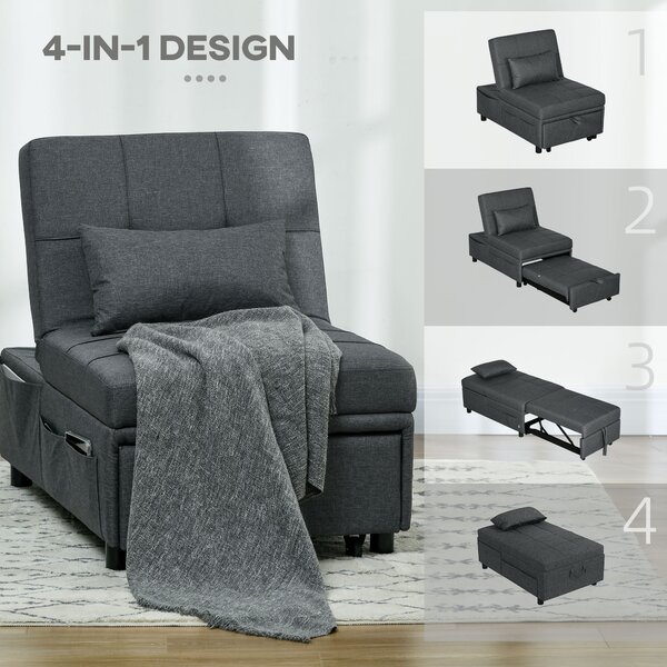 HOMCOM Convertible Chair Bed w/ Padding Seat, 3-in-1 Multi-Functional Sleeper Chair Bed w/ Adjustable Backrest, Wheels and Anti-Cat-Scratch Fabric, Grey