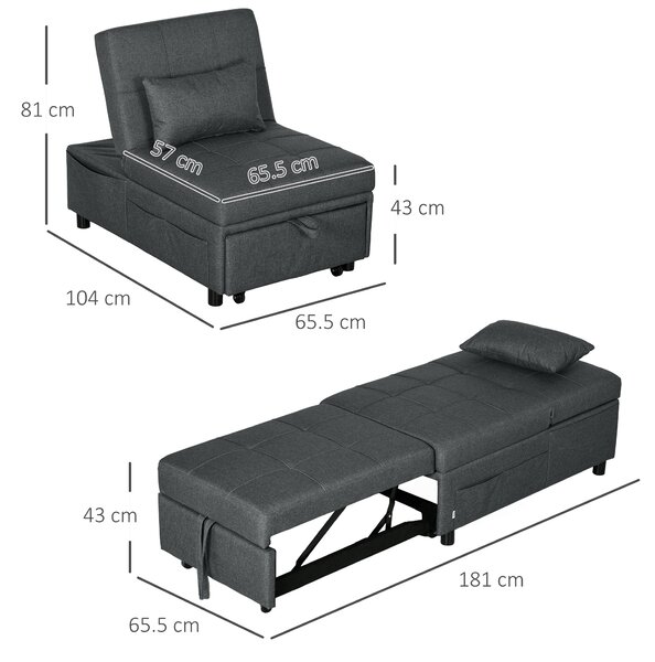 HOMCOM Convertible Chair Bed w/ Padding Seat, 3-in-1 Multi-Functional Sleeper Chair Bed w/ Adjustable Backrest, Wheels and Anti-Cat-Scratch Fabric, Grey