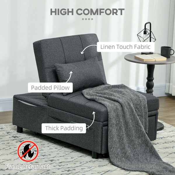 HOMCOM Convertible Chair Bed w/ Padding Seat, 3-in-1 Multi-Functional Sleeper Chair Bed w/ Adjustable Backrest, Wheels and Anti-Cat-Scratch Fabric, Grey