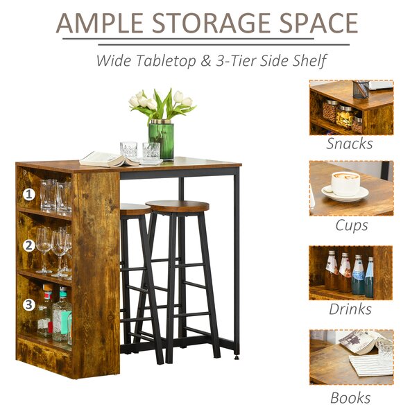 HOMCOM Industrial Bar Table and Stools for 2 people, 3-Pieces Bar Table Set with Storage Shelf for Kitchen, Brown Aosom UK