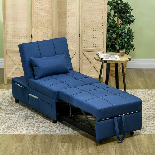 HOMCOM Convertible Chair Bed w/ Padding Seat, 3-in-1 Multi-Functional Sleeper Chair Bed w/ Adjustable Backrest, Wheels and Pillow, Cat Scratch Anti, Blue