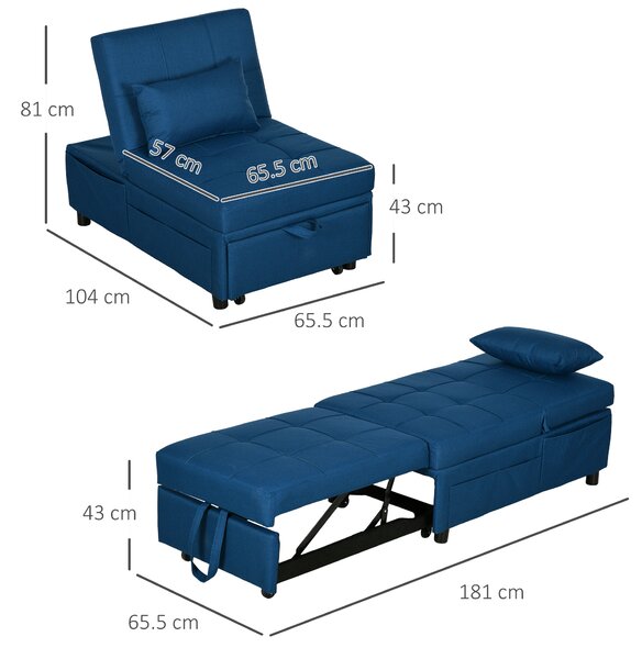 HOMCOM Convertible Chair Bed w/ Padding Seat, 3-in-1 Multi-Functional Sleeper Chair Bed w/ Adjustable Backrest, Wheels and Pillow, Cat Scratch Anti, Blue