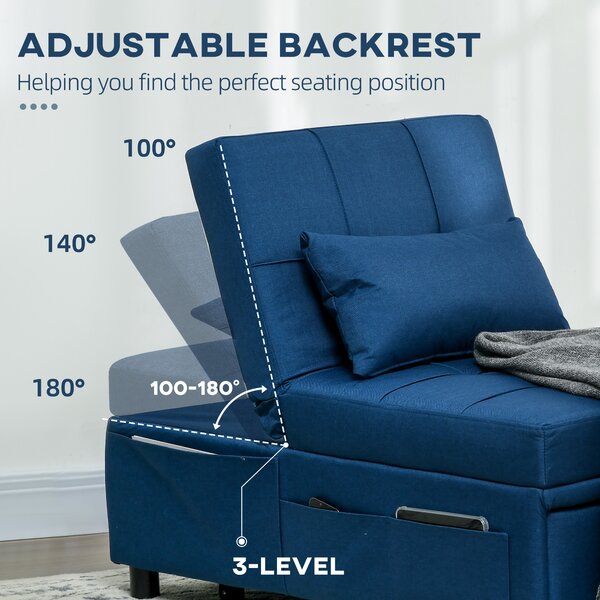 HOMCOM Convertible Chair Bed w/ Padding Seat, 3-in-1 Multi-Functional Sleeper Chair Bed w/ Adjustable Backrest, Wheels and Pillow, Cat Scratch Anti, Blue