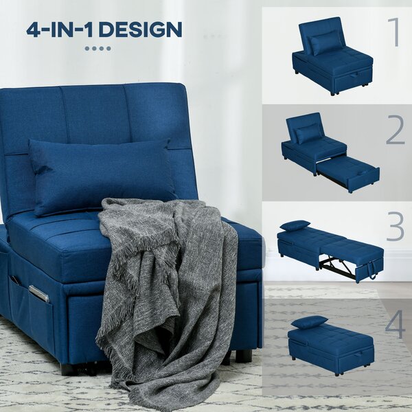 HOMCOM Convertible Chair Bed w/ Padding Seat, 3-in-1 Multi-Functional Sleeper Chair Bed w/ Adjustable Backrest, Wheels and Pillow, Cat Scratch Anti, Blue