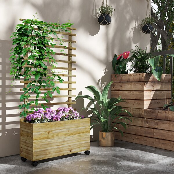 Outsunny 76 x 30 x 155cm Trellis Planter Box, Wooden Wheeled Planter for Climbing Plants & Vegetables, Natural Aosom UK