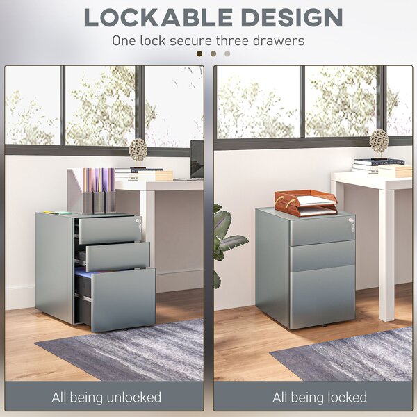 Vinsetto Lockable Cabinet, Rolling Filing Cabinet with 3 Drawers, Steel Office Drawer Unit for A4, Letter, Legal Sized Files Aosom UK