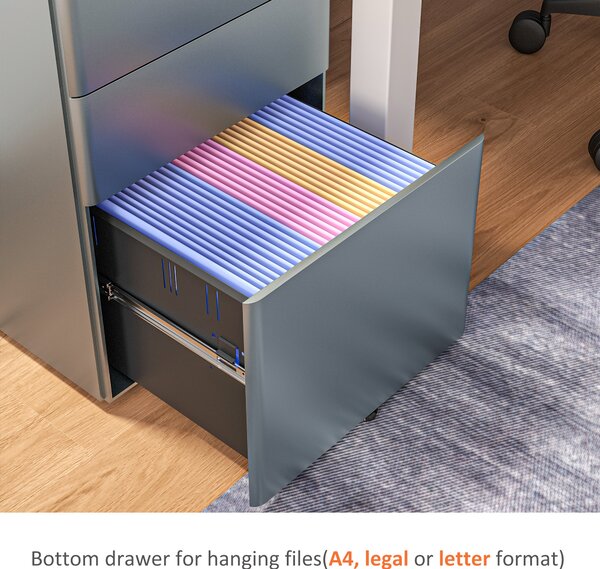 Vinsetto Lockable Cabinet, Rolling Filing Cabinet with 3 Drawers, Steel Office Drawer Unit for A4, Letter, Legal Sized Files Aosom UK