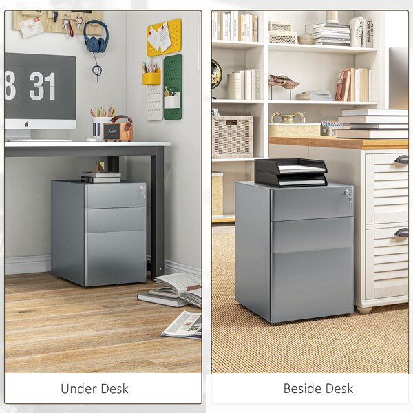Vinsetto Lockable Cabinet, Rolling Filing Cabinet with 3 Drawers, Steel Office Drawer Unit for A4, Letter, Legal Sized Files Aosom UK