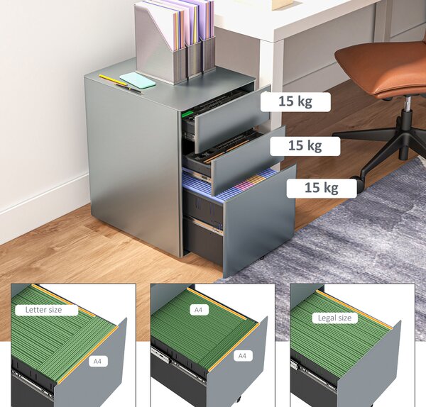 Vinsetto Lockable Cabinet, Rolling Filing Cabinet with 3 Drawers, Steel Office Drawer Unit for A4, Letter, Legal Sized Files Aosom UK