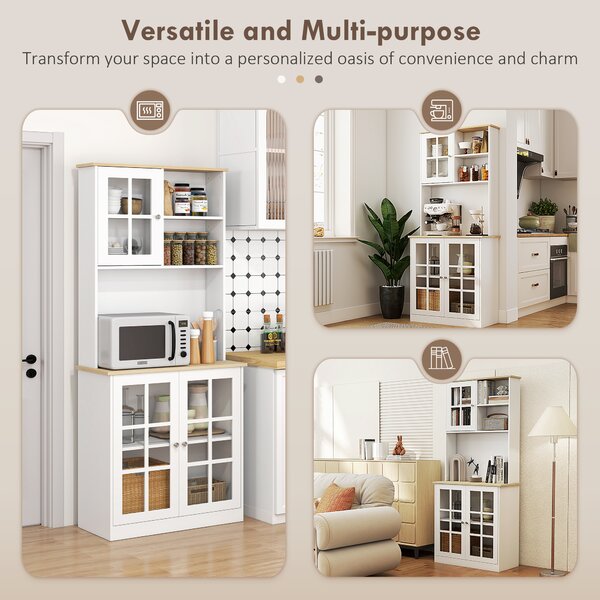 HOMCOM Freestanding Kitchen Cupboard, Sideboard Storage Cabinet Unit w/ Counter Top Grid Glass Doors Shelves 80L x 37W x 183H cm, White Aosom UK