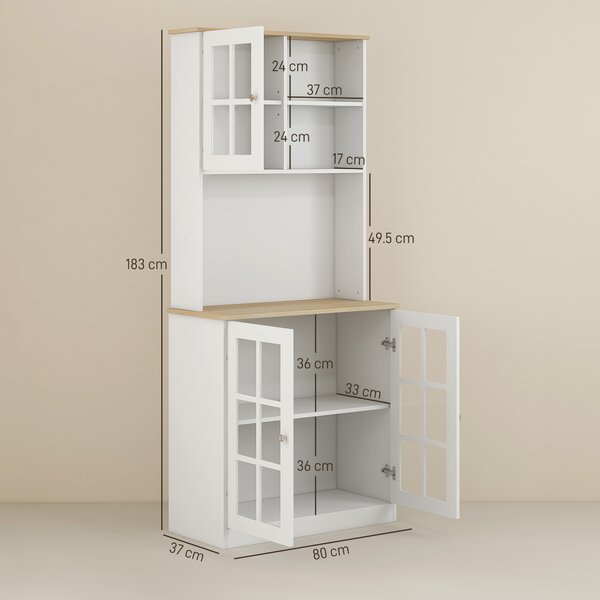 HOMCOM Freestanding Kitchen Cupboard, Sideboard Storage Cabinet Unit w/ Counter Top Grid Glass Doors Shelves 80L x 37W x 183H cm, White Aosom UK