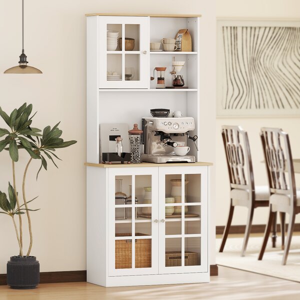 HOMCOM Freestanding Kitchen Cupboard, Sideboard Storage Cabinet Unit w/ Counter Top Grid Glass Doors Shelves 80L x 37W x 183H cm, White Aosom UK