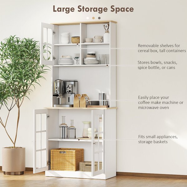 HOMCOM Freestanding Kitchen Cupboard, Sideboard Storage Cabinet Unit w/ Counter Top Grid Glass Doors Shelves 80L x 37W x 183H cm, White Aosom UK
