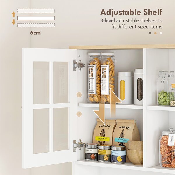 HOMCOM Freestanding Kitchen Cupboard, Sideboard Storage Cabinet Unit w/ Counter Top Grid Glass Doors Shelves 80L x 37W x 183H cm, White Aosom UK