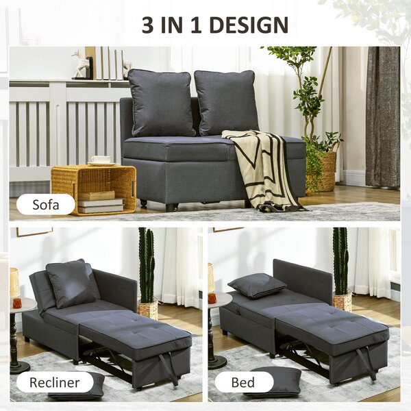 HOMCOM 3-In-1 Single Sofa Bed with Seat Thickness, Fold Out Chair Bed with 5-positon Adjustable Back & Removable and Washable Pillow, Grey Aosom UK